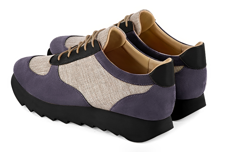 Lavender purple and satin black women's three-tone elegant sneakers. Round toe. Low rubber soles. Rear view - Florence KOOIJMAN